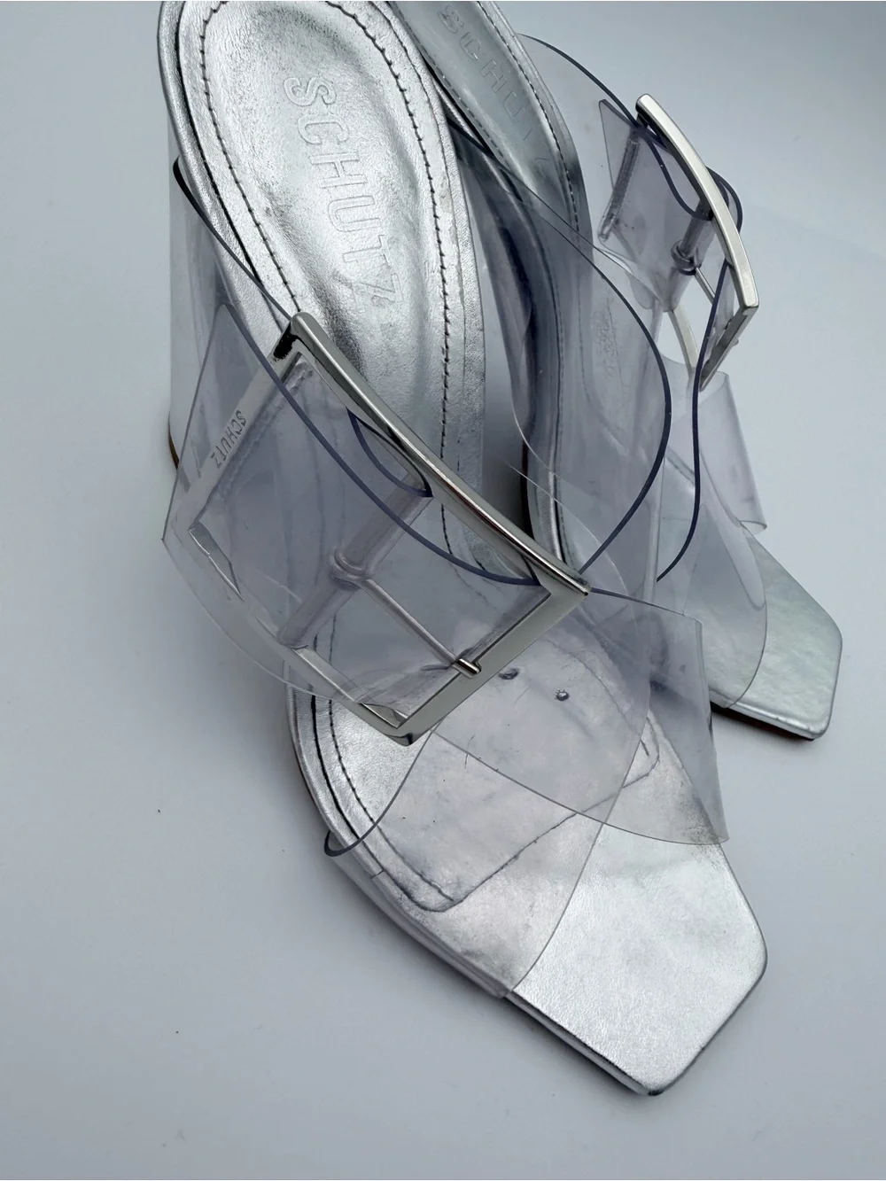 SCHUTZ Clear Vinyl Silver Block Heel Sandals 8B Square Toe Oversized Buckle
